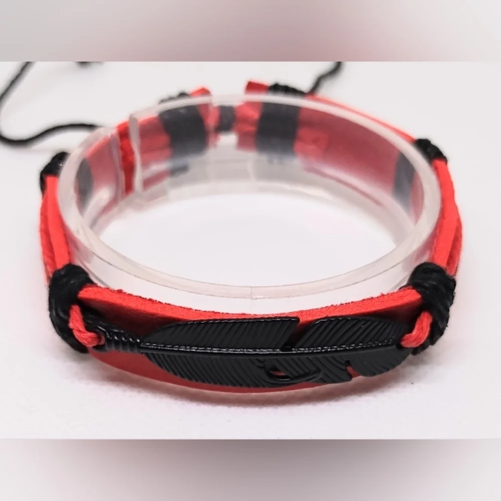 Men's Bracelet Leather Layered Feather Black Red‎ New f29
